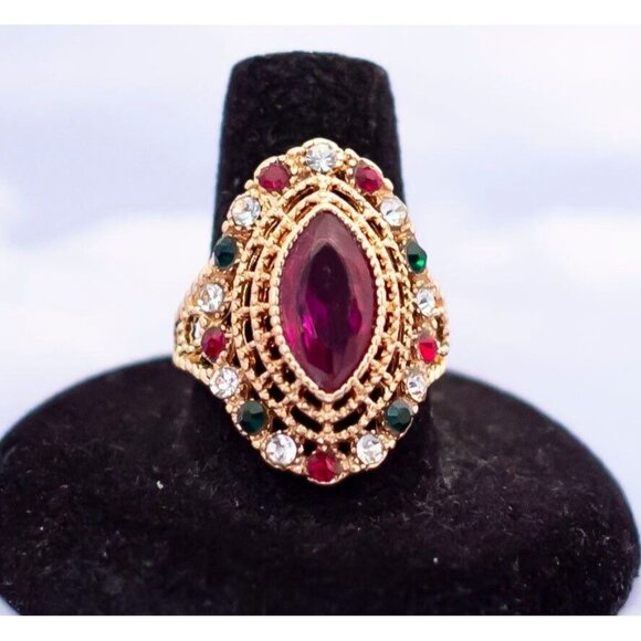 Vintage Victorian Pink Tourmaline Navette Ring - S13 - Picture 1 of 3